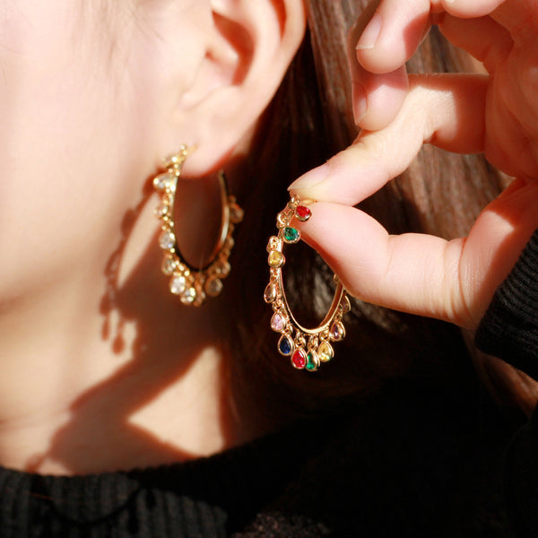 Gorgeous Tassel Water Drop Shiny CZ Crystal Big Round Circle Gold Color Hoop Earrings