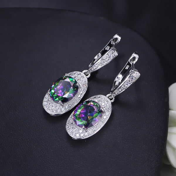 AAA+ Round Mystic Light Blue CZ Crystal Stone Pave Long Hoop Earrings