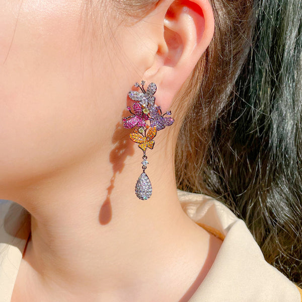 Colorful Cubic Zirconia Bridal Wedding Engagement Jewelry Long Dangle Earrings