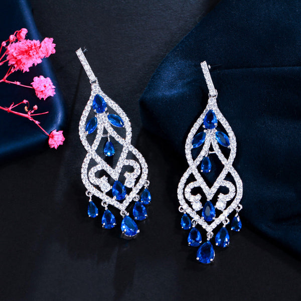 Big Chandelier Long Hollow Hanging Drop Blue Stone Evening Party Brilliant Earrings