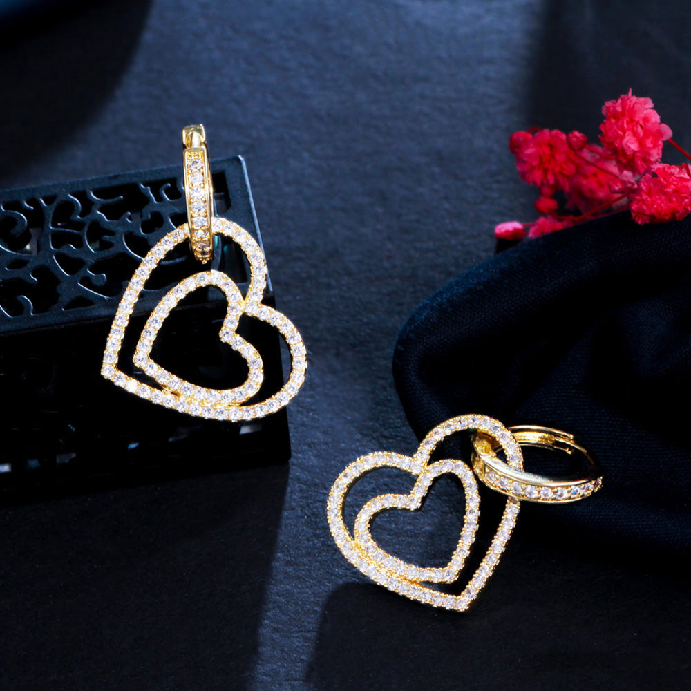 Romantic Hanging Double Love Heart Cubic Zirconia Gold Plated Huggie Buckle Hoop Earrings
