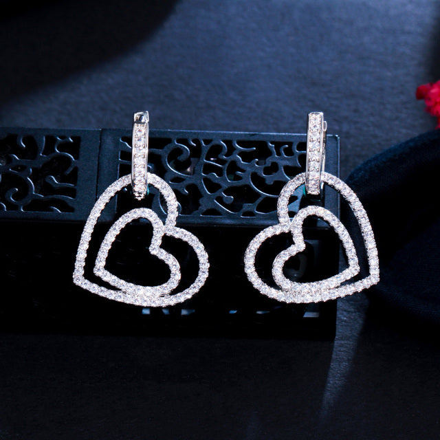 Romantic Hanging Double Love Heart Cubic Zirconia Gold Plated Huggie Buckle Hoop Earrings