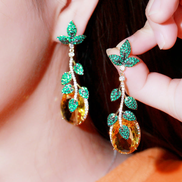Dangle Yellow Oval Shape Cubic Zirconia Gold Color Long Green Leaf Drop Earrings