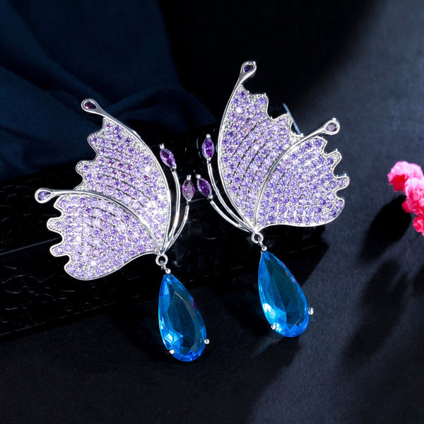 Charming Purple Big Butterfly Shape CZ Zircon Long Blue Waterdrop Symmetrical Dangle Earrings