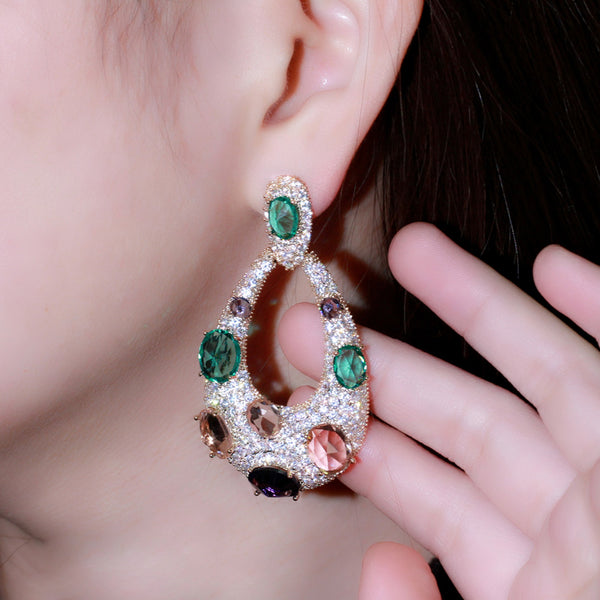 Pink Blue Yellow CZ Gold Plated Long Big Water Drop Crystal Dangle Earrings