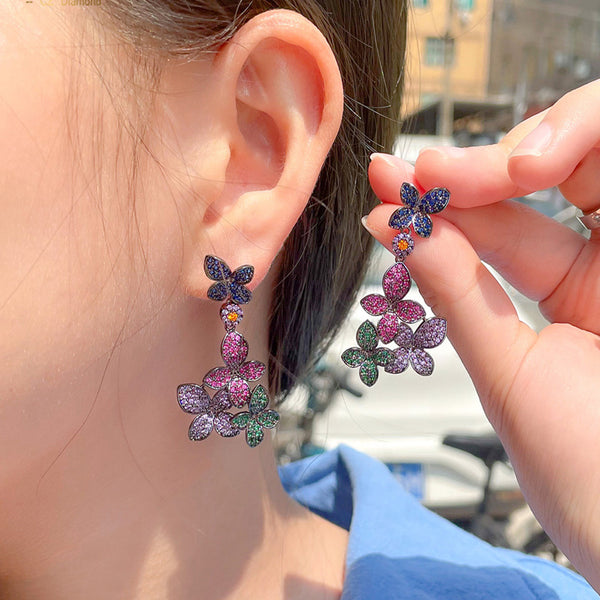 Beautiful Dangling Colorful Flower Shape Cubic Zirconia Black Gold Long Drop Earrings