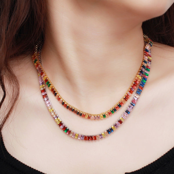 Shining Multiple Rainbow CZ Rectangle Chain Link Yellow Gold Round Chocker Necklace