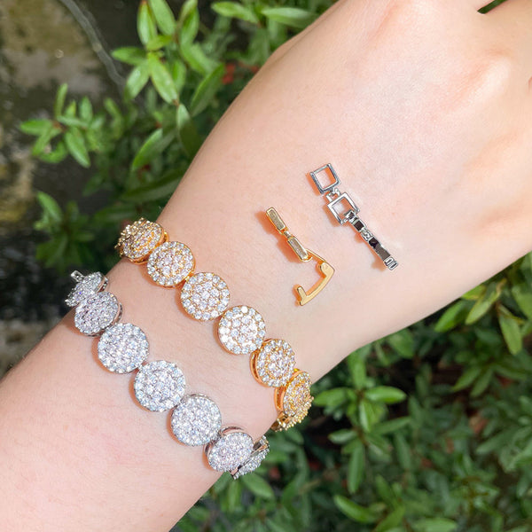 Neatly Roundel Chain Link CZ Pave Yellow Gold Roman Love Tennis Bracelets Bangle