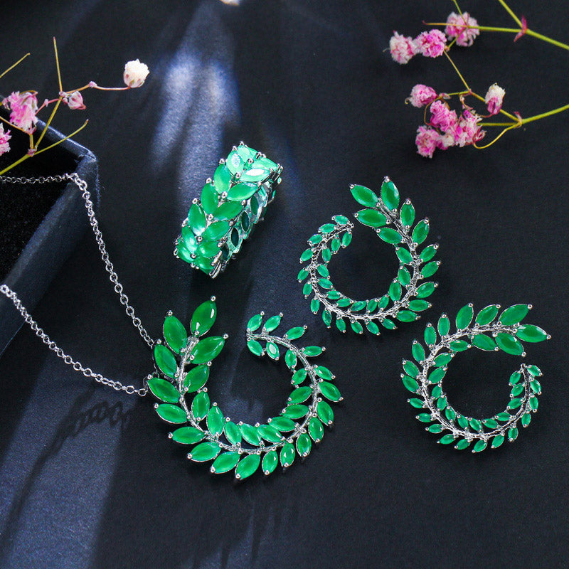 Fashion White Gold Big Leaf Shape Green Cubic Zirconia Pendant Necklace Earrings Ring Set