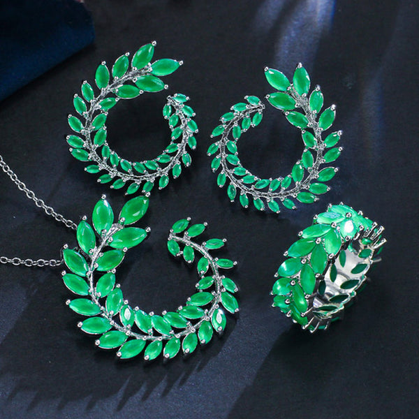Fashion White Gold Big Leaf Shape Green Cubic Zirconia Pendant Necklace Earrings Ring Set