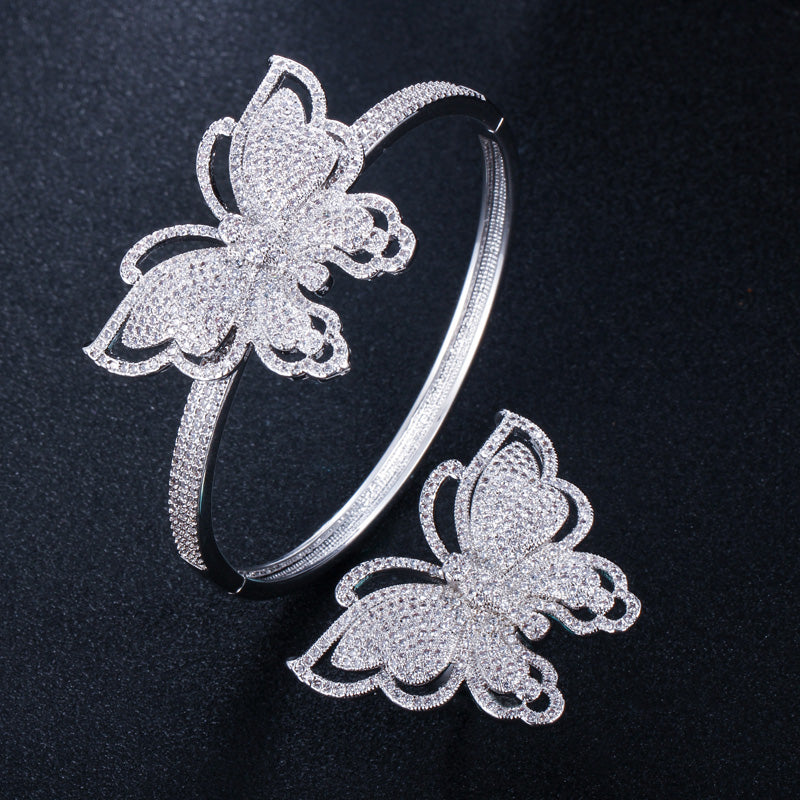 Trendy Micro Pave Cubic Zirconia Big Betterfly Shape Bangle And Ring Sets
