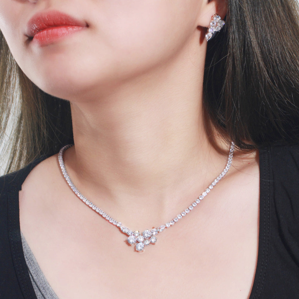 Bright Sparkling White CZ Zircon Round Clavicle Pendant Necklace Earrings