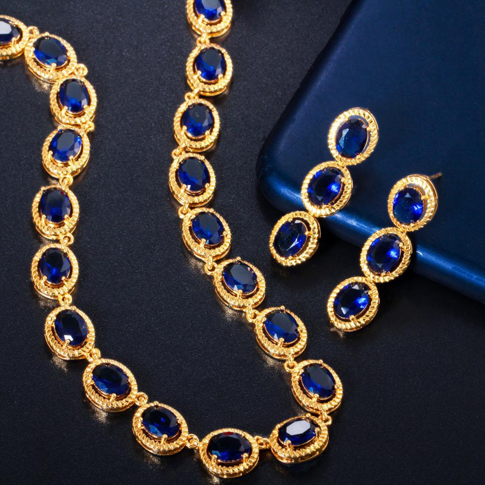 Luxury Royal Blue Oval CZ Crystal Women Wedding Party Necklace Earrings Bridal Jewelry Sets