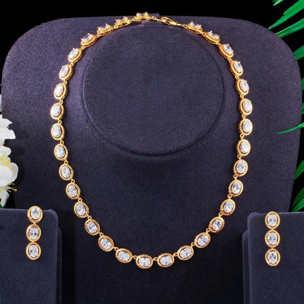 Luxury Royal Blue Oval CZ Crystal Women Wedding Party Necklace Earrings Bridal Jewelry Sets