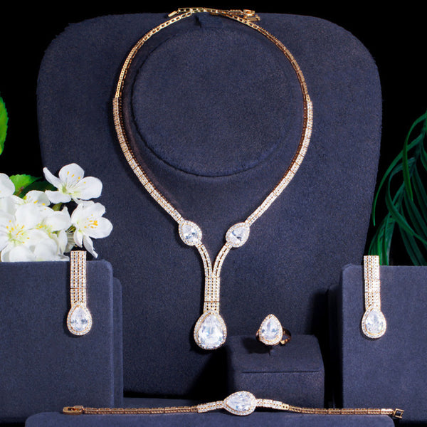 4Pcs Gold Plated CZ Stone Long Water Drop Pendant Necklace Earrings Sets