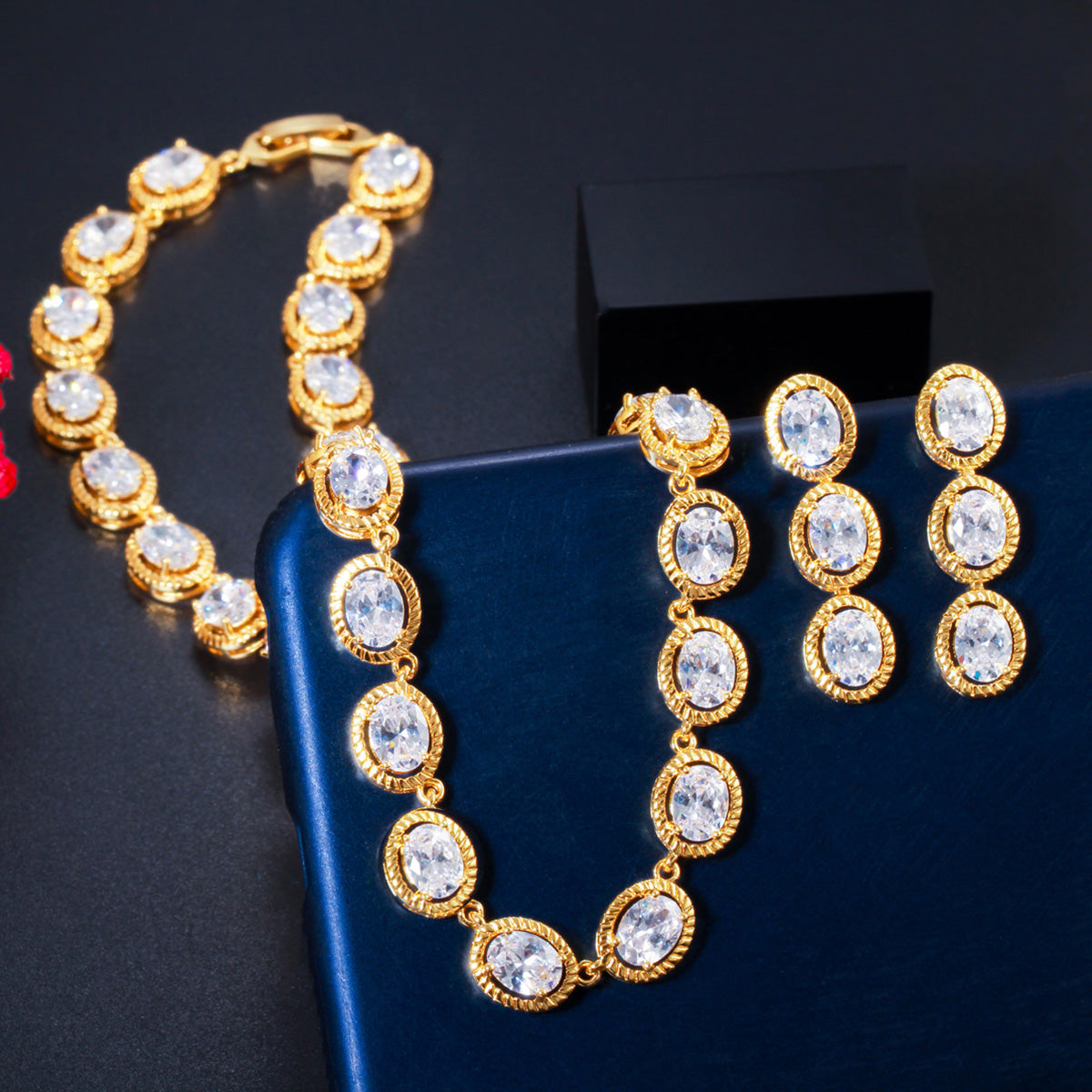Luxury Royal Blue Oval CZ Crystal Women Wedding Party Necklace Earrings Bridal Jewelry Sets