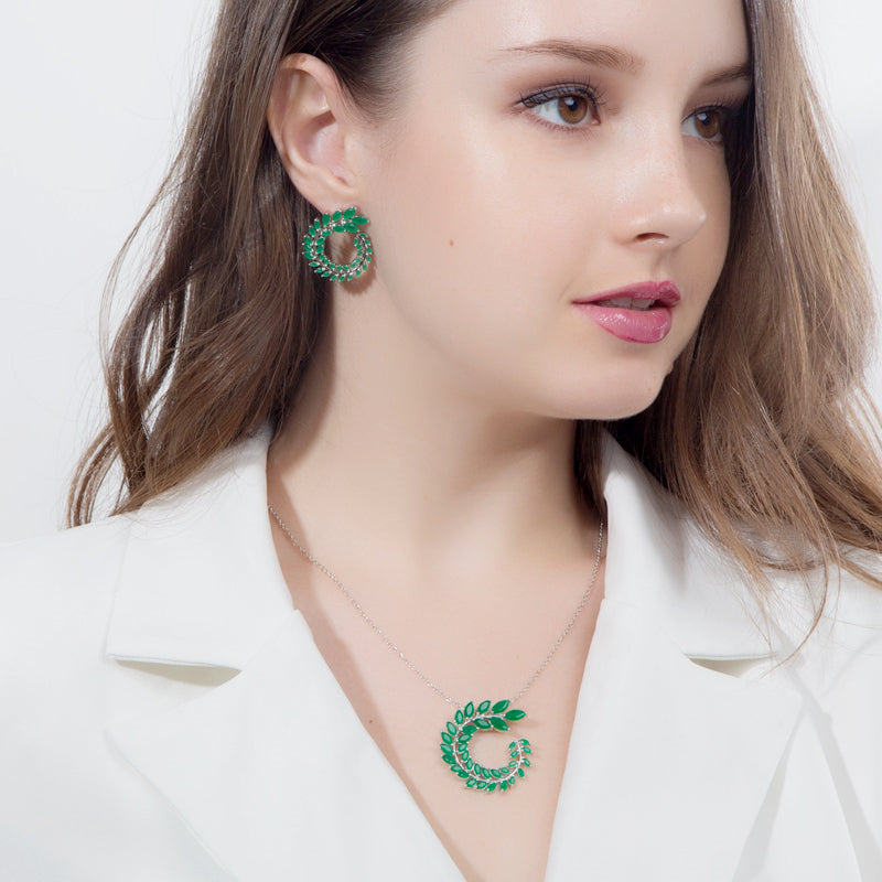 Fashion White Gold Big Leaf Shape Green Cubic Zirconia Pendant Necklace Earrings Ring Set