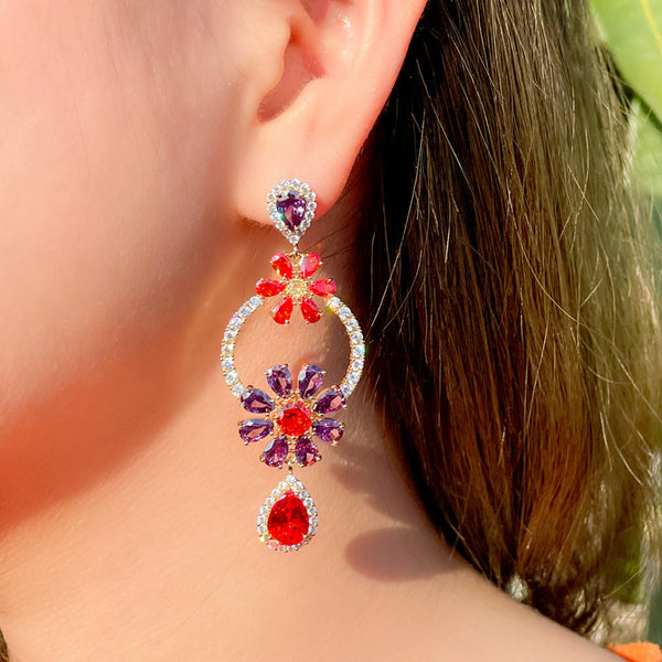 Long Dangle Circle Flower Drop Earrings