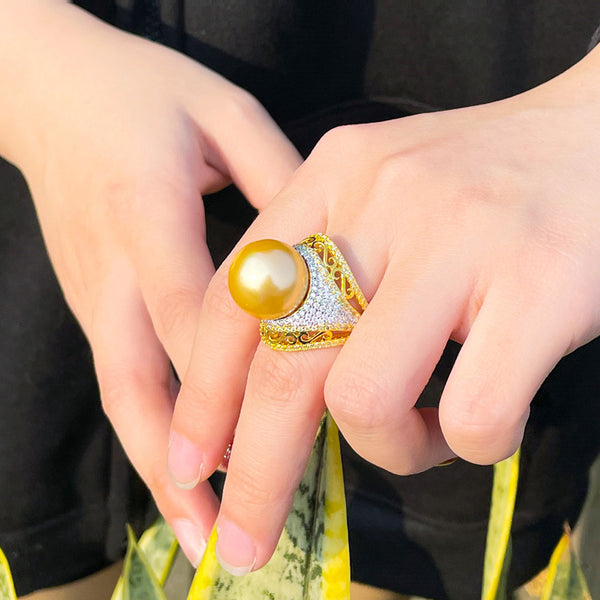 Luxury Adjustable Size Dubai Gold Cubic Zirconia Big with Yellow Pearl Finger Rings