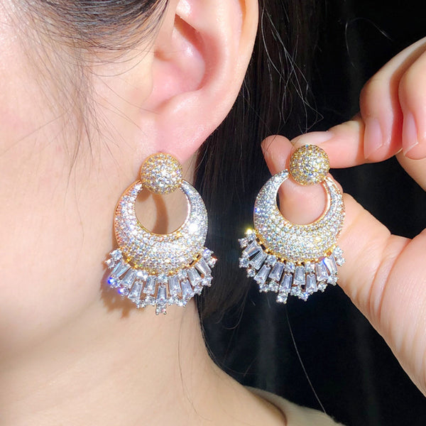 Luxury 42mm Geometry Full CZ Pave Naija Round Big 3 Tone Gold Wedding Drop Earrings