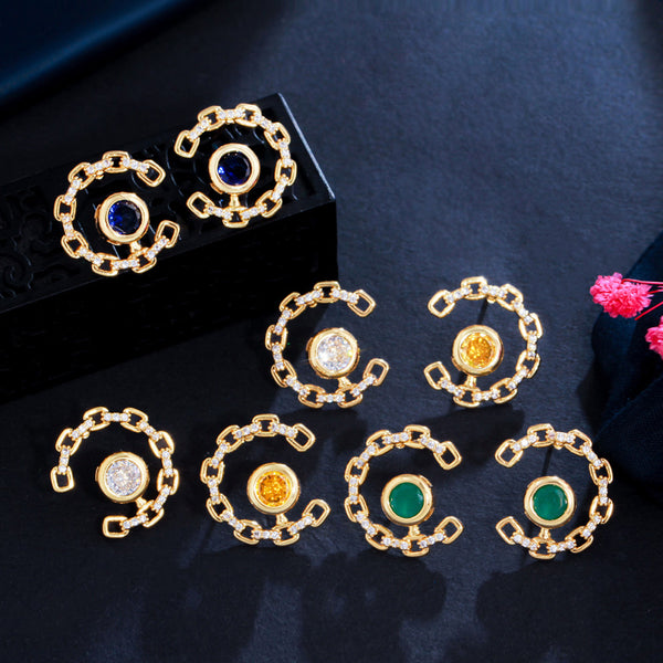 Classic Green Blue Crystal Brazilian Gold Big Round Stud Earrings
