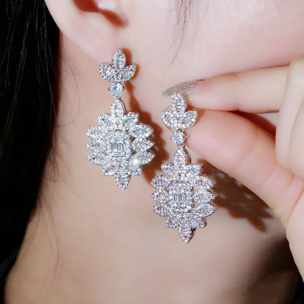925 Silver Long Big Leaf Drop Bridal Wedding Party Earrings
