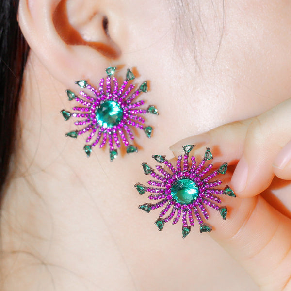 Popular Fuchsia Light Blue Cubic Zirconia Big Sun Flower Summer Party Stud Earring