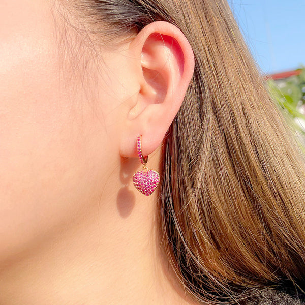 585 Rose Gold Blue Green Red Cubic Zirconia Dangle Love Heart Shape Hoop Earrings