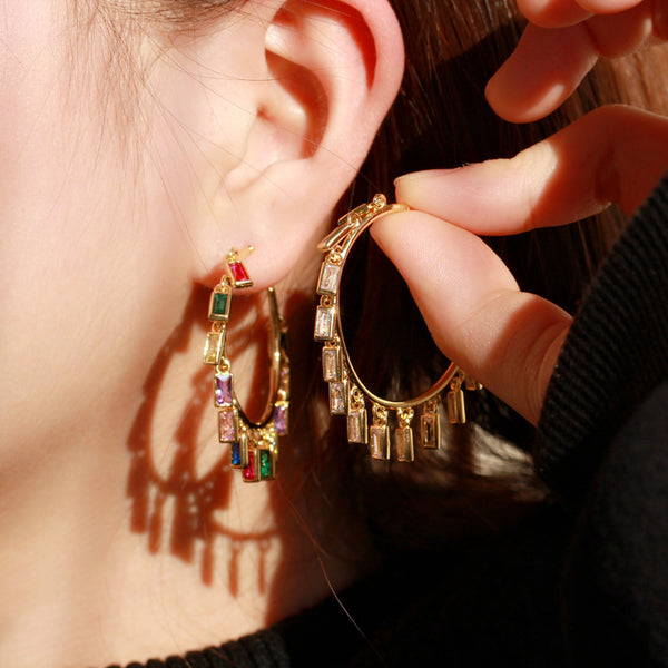Cubic Zirconia Dangle Geometry CZ Party Hoop Earrings