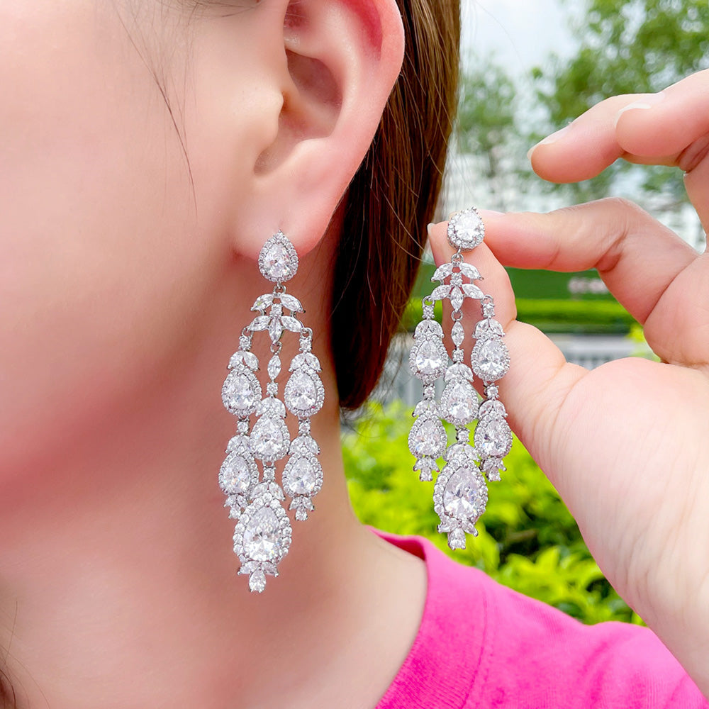 Graceful Chandelier Design Pendant Shiny CZ Crystal  Long Tassel Drop Earrings