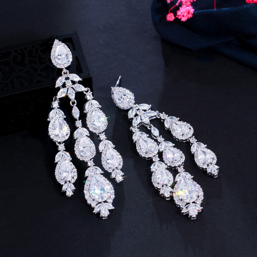 Graceful Chandelier Design Pendant Shiny CZ Crystal  Long Tassel Drop Earrings