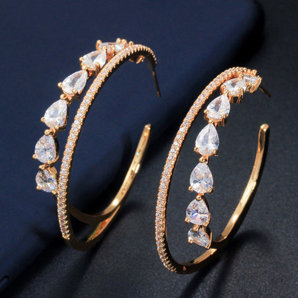 Full Pave Tear Drop Cubic Ziconia Crystal Big Round Double Circle Hoop Earrings