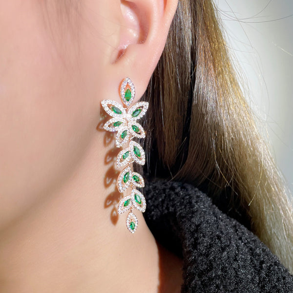 Graceful Green Leaf Shape Cubic Zirconia Long Gold Plated Dangle Drop Earrings