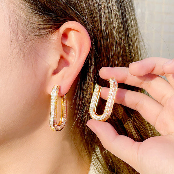 U Shape Design Gold Color Cubic Zirconia Women Long Ear Circle Hoop Earrings