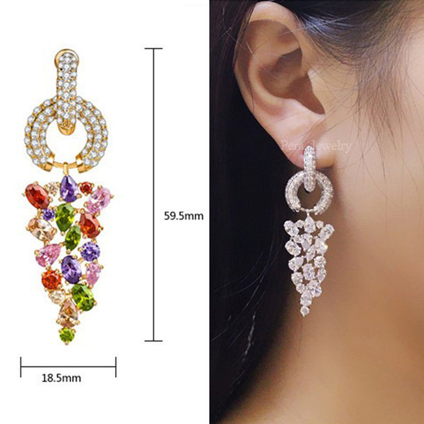 Sparkling Long Grape Shape Gold Color Multi Color Big Dangling Earrings