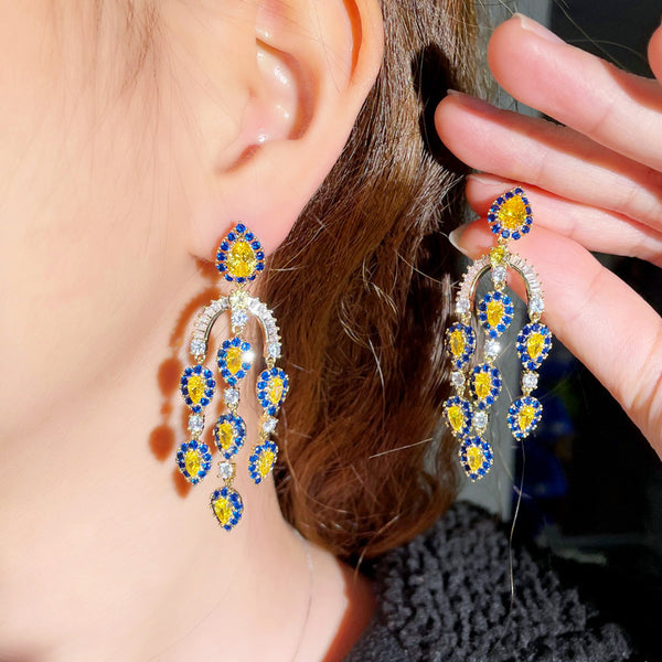 Royal Yellow Blue Cubic Zirconia Long Gold Plated Tassel Water Drop Dangly Earrings