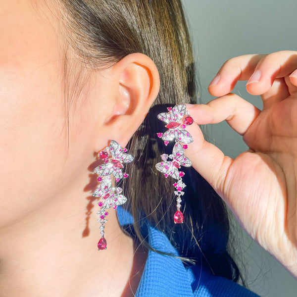 Charming Butterfly Shape Hot Pink Cubic Zirconia Silver Color Long Dangle Earrings