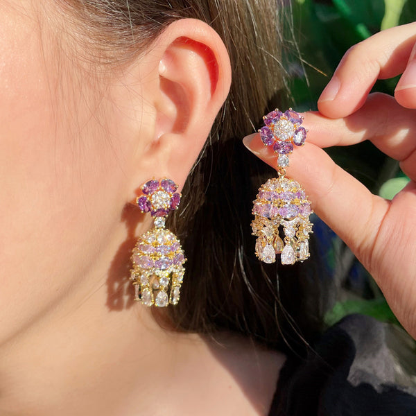 Decorative Dangle Wind Chimes with Flower Shape Purple White Cubic Zirconia Long Drop Earring