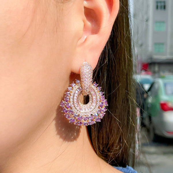 Super Pink Purple Cubic Zirconia 585 Gold Dangle Big Flower Circle  Party Earring