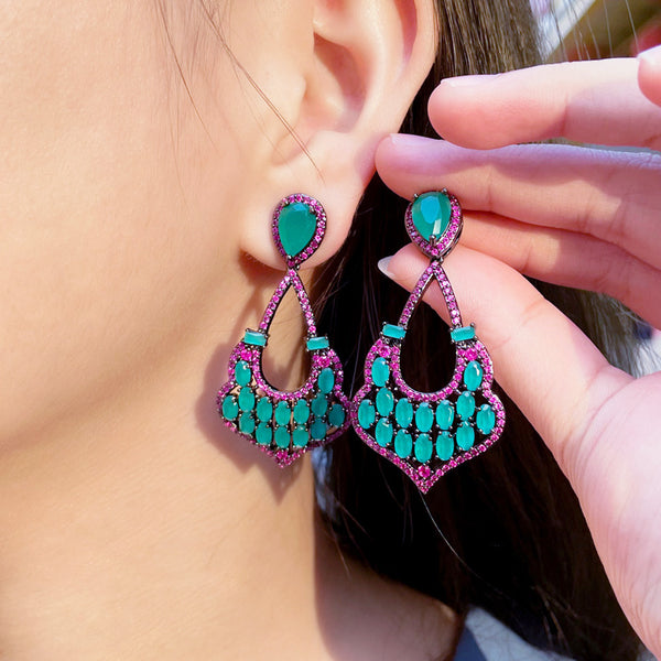 Matte Green and Red Cubic Zirconia Long Black Gold Water Drop Dangle Earrings