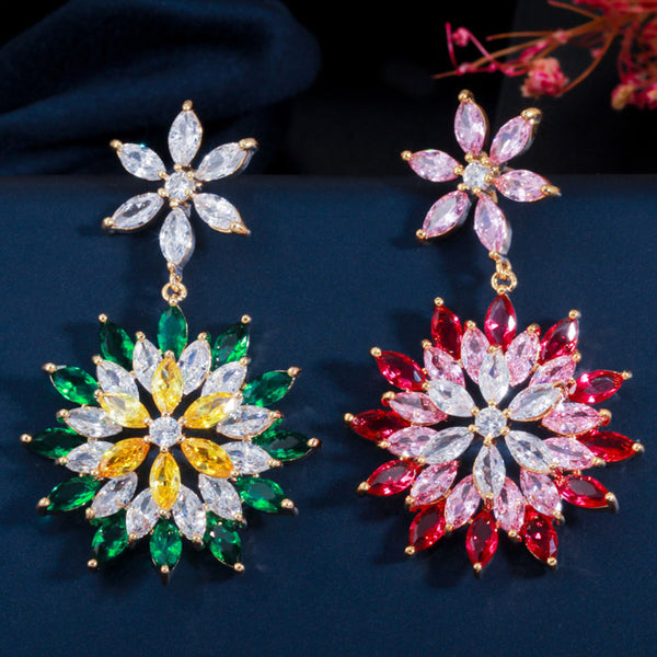 Trendy Marquise Cut Pink Red Cubic Zirconia Setting Big Long Flower Drop Dangle Earrings