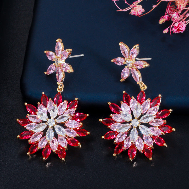 Trendy Marquise Cut Pink Red Cubic Zirconia Setting Big Long Flower Drop Dangle Earrings
