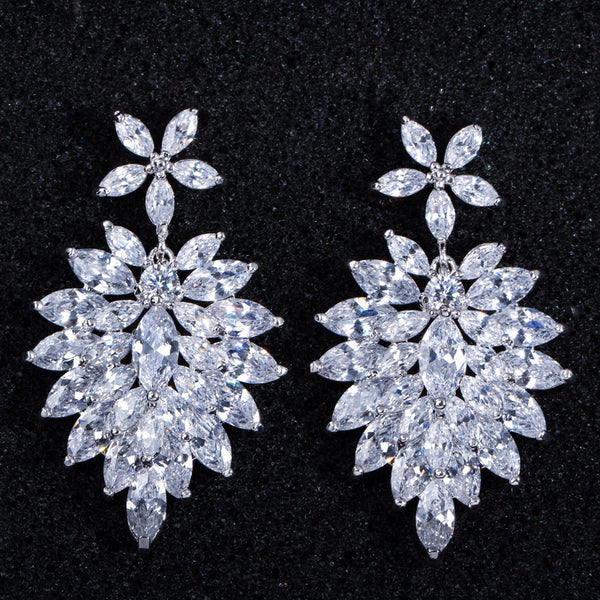 Romantic Big Flower Shaped Pave Setting Bridal Cubic Zirconia Long Dangle Drop Earrings