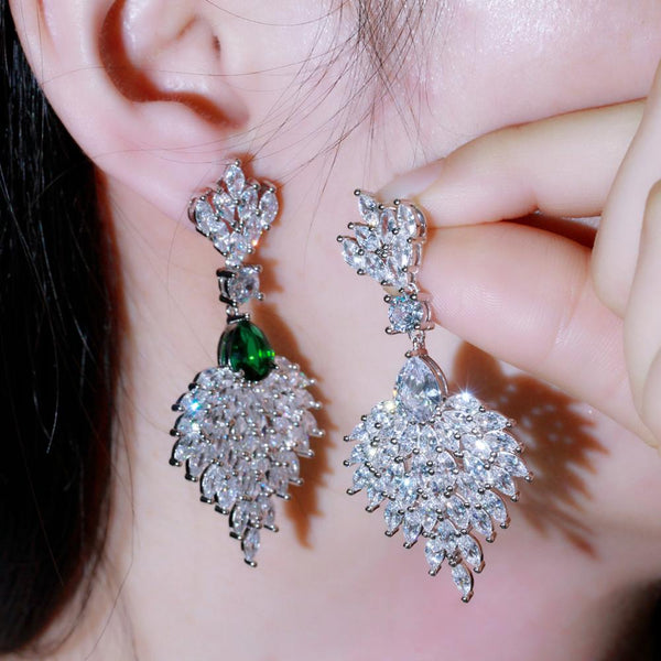 Fashion Royal Blue Marquise Cut CZ Crystal Long Feather Drop Dangle Earrings