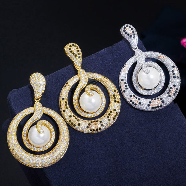 Luxury Brand Cubic Zirconia Paved Round Pearl Dangle Drop Snake Pattern Earrings