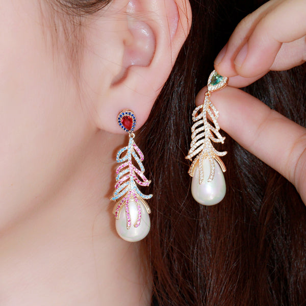 Classic Red Blue CZ Stone Long Colorful Feather Dangle White Pearl Pendant Drop Earrings