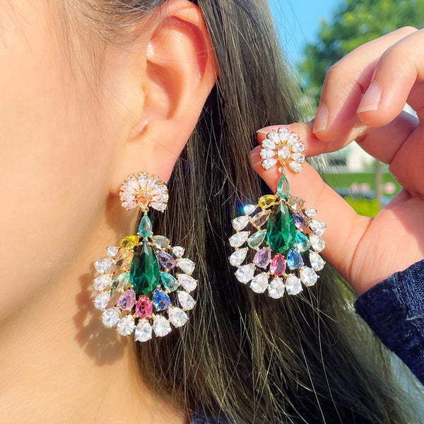 Long Big Colorful Cubic Zirconia Dangle Drop Earring
