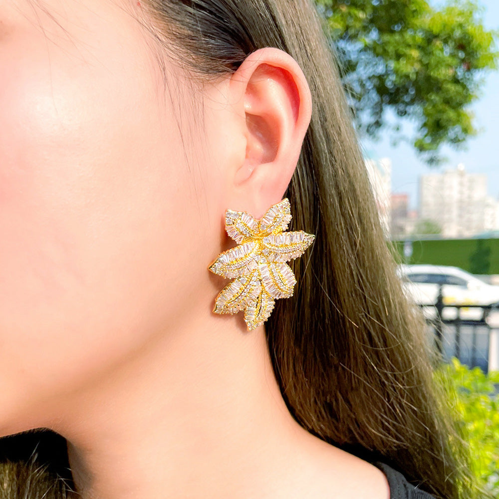 Yellow Gold Big Leaf Design Drop Cubic Zirconia  Long Dangle Earrings