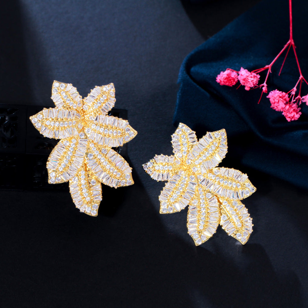 Yellow Gold Big Leaf Design Drop Cubic Zirconia  Long Dangle Earrings