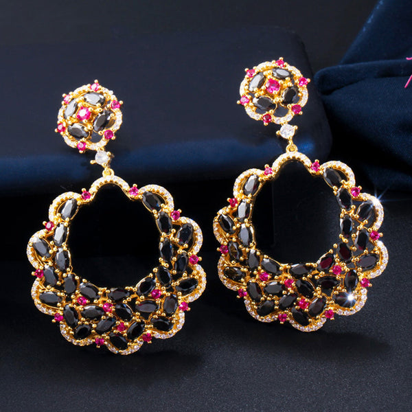 European Black Red Cubic Zirconia Large Flower Yellow Gold Long Drop Earrings
